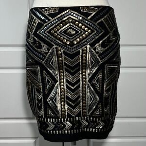New Express Black Gold Silver Sequin Embellished Geometric Pattern Mini Skirt XS